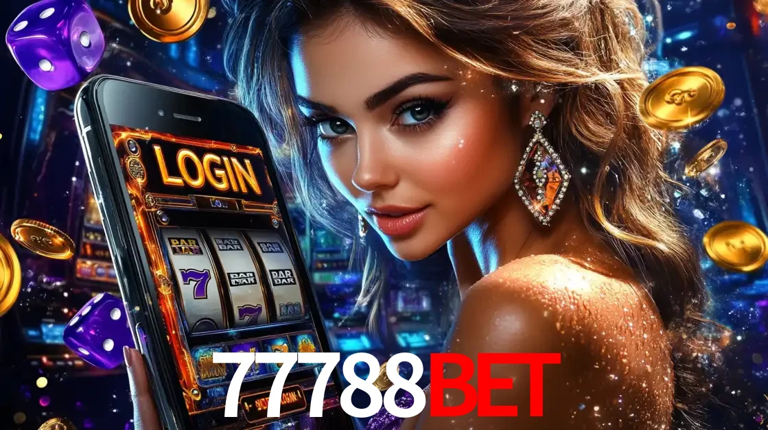 Mulher glamorosa segurando um smartphone com a tela de login para os jogos de caça-níqueis do cassino online 77788bet, com moedas de ouro e dados ao redor.